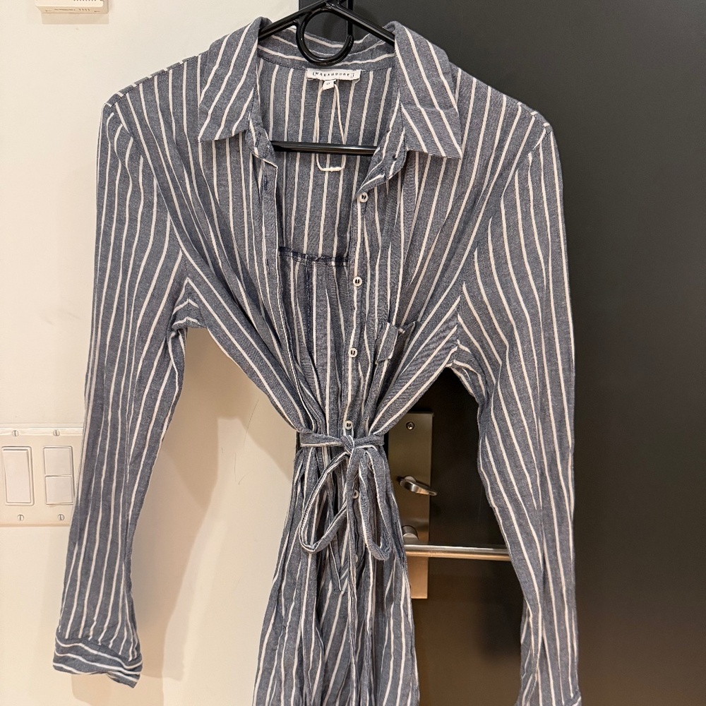 WAREHOUSE Blue and White striped romper jumpsuit shorts button down